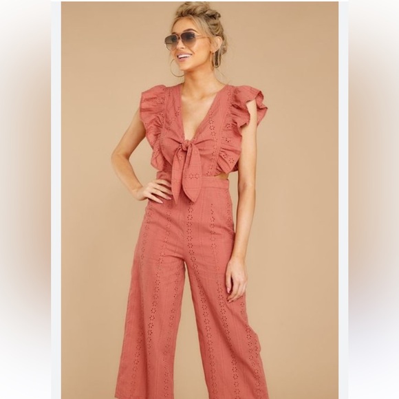 Terracotta Flutter Sleeve Jumpsuit with Tie-Waist